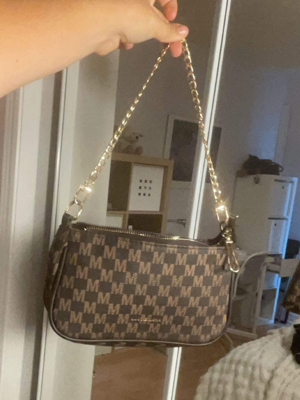 Like New Classic Brown Checker Shoulder Bag with Gold Chain